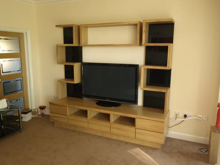 Freestanding oak television and media shelving unit